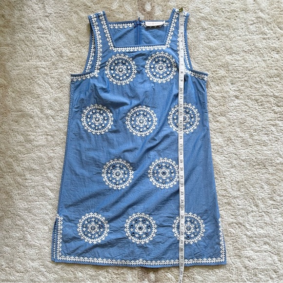 Tory Burch Embroidered Chambray Sleeveless Shift Dress Indigo Chambray Ivory, S - Picture 7 of 11